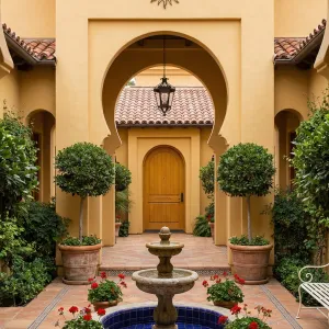 Sunlit Archway Courtyard With Classic Fountain