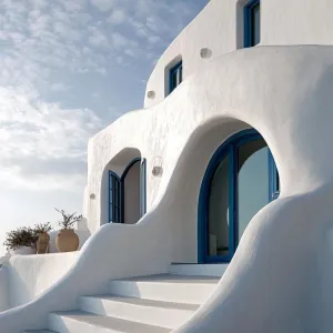 White Stucco Mansion With Blue Accents in Santorini