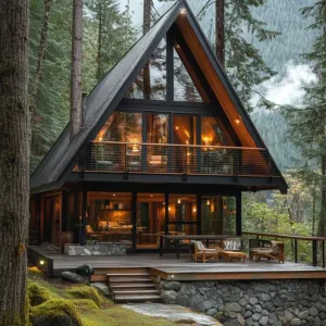 Dark Stained Wood Siding and Natural Stone Foundation