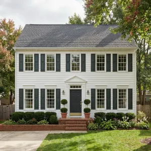 Evergreen Shutters On Classic White Colonial