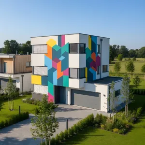 Voxel Mural House With Wraparound Slat Shades