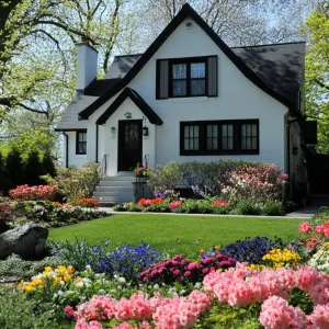 Classic White Cottage Amidst a Floral Carnival