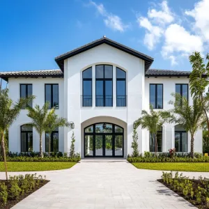Palm-Lined Palace Under Blue Skies