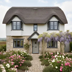 Cottage Couture: A Thatched Marvel Amidst Blossoms