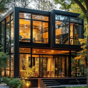 Glass-walled Villa With Charcoal-colored Interiors and Reflective Surfaces