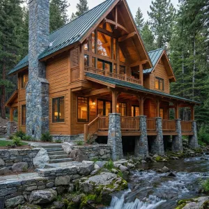 Creekside Lodge With Stone Pillar Porch