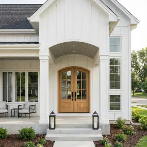 Sunny Gabled Entry With Wide Wood Doors
