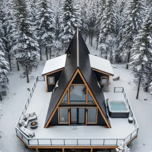 Cozy Peak Roof Cabin with Snow-Covered Deck