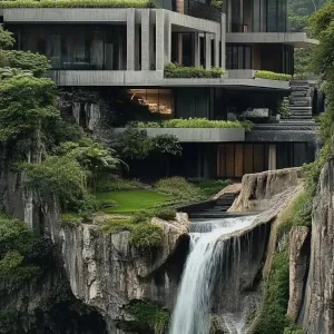 Clifftop Oasis: A Modern Marvel Overlooking a Waterfall