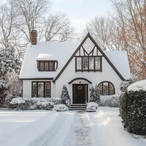 Snow-Covered Tudor Home with a Seasonal Wreath