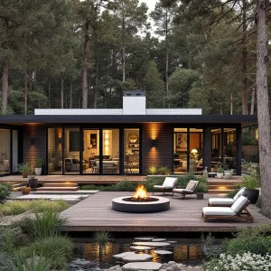 Twilight Deck Delight: Midcentury Cottage with Forest Firepit Glow