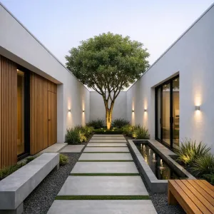 Serene Linear Courtyard With Sculpted Tree