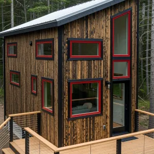 Compact Charcoal Cabin With Fiery Frames