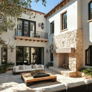 Outdoor Stone Fireplace and Courtyard