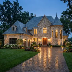 Rainlit Stone Turret Garden Manor