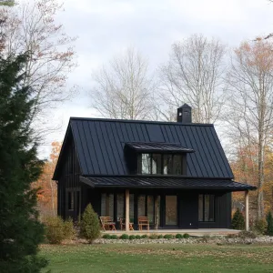 Sleek Black Cabin in the Autumn Woods