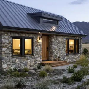 Rustic Stone Oasis with a Modern Metal Roof