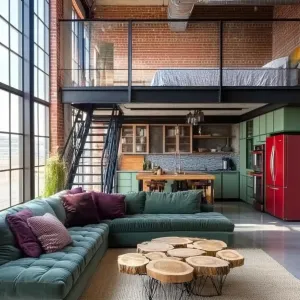 Industrial Living Room with Pastel Color Accents