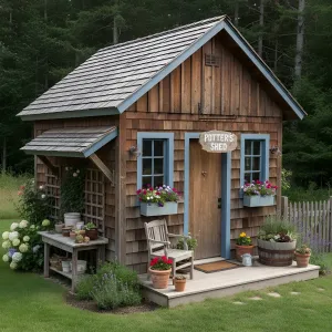 Blue-Trim Cedar Potting Cabin