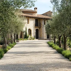 Olive Trees Lining a Gravel Driveway