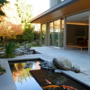 Large Sliding Doors Opening to a Koi Pond