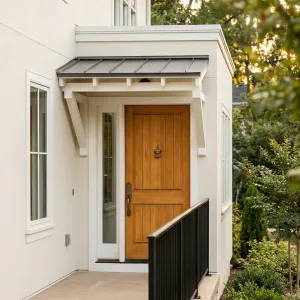 Clean Porch Entry With Honey Wood Door
