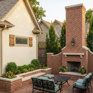 Brick Courtyard With Grand Outdoor Fireplace
