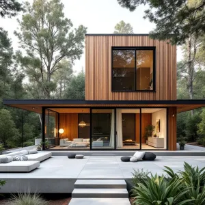 Contemporary Retreat: Sleek Wood-Clad Cottage Nestled in Nature