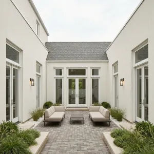 Minimalist Brick Courtyard Between Twin Wings