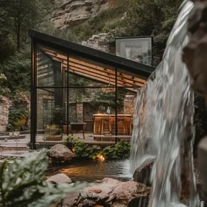 Glass Cabin With Waterfall Feature