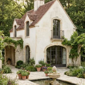 Storybook Courtyard With Stone Fountain Path