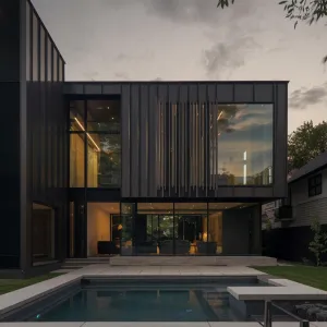 Sleek Facade with Sunset Poolside