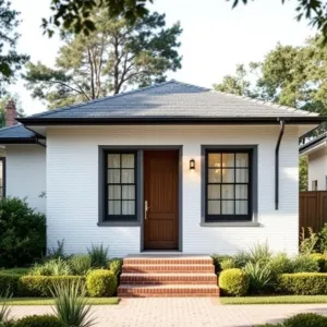 Bricklined Beauty: Crisp White Cottage with a Toasty Brown Door