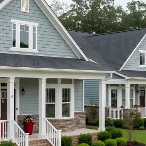 Modern Blue Cottage with a Brick Accent Chic