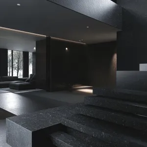 Modern Minimalist Home With Obsidian Finish and Hidden Lighting