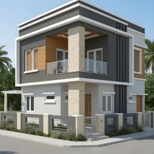 Graphite-Trim Corner Porch House