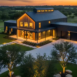 Modern Barndominium Oasis at Sunset