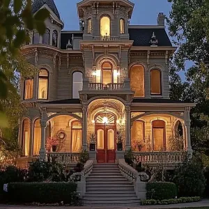 Grand Victorian Mansion Illuminated at Dusk