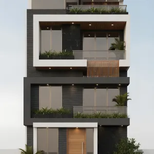 Graphite Terraces With Warm Wood Accents