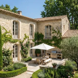 Sunlit Stone Courtyard With Garden Dining