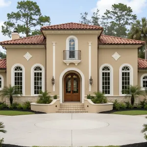 Balcony-Topped Stucco Manor Bungalow