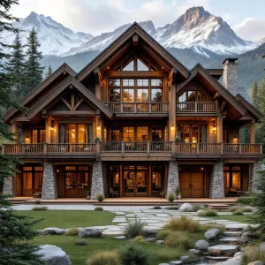 Expansive Timber Retreat by Snow-Capped Peaks