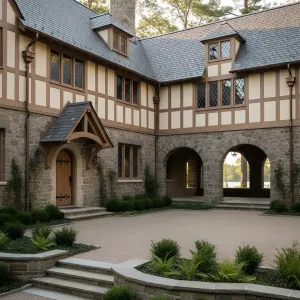 Cloistered Courtyard Timber-and-Stone Tudor