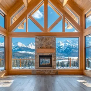 Timber Frame Home With a Central Stone Fireplace and Open-plan Design