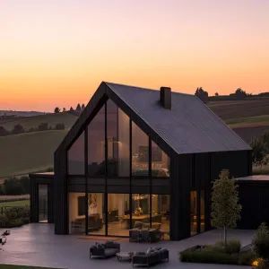 Sunset Charm: Glassy Gables and Green Fields