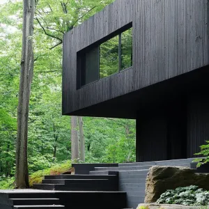 Forest Cabin With Blackened Wood Exterior and Cozy, Dark Fabric Interiors