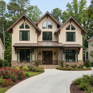 Cream Gabled Cottage With Metal Porch