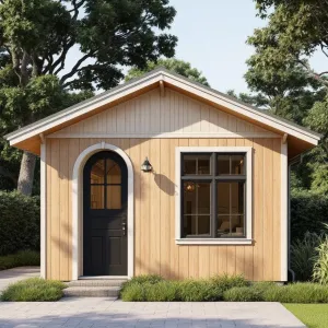 Peachwood Pop: Petite Cottage with Dapper Archway and Playful Front