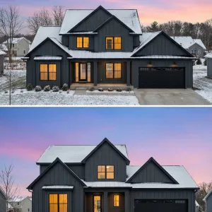 Snowy Charcoal Cottage With Cozy Glow