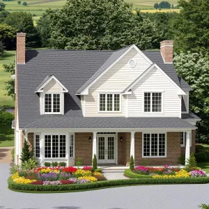 Countryside Serenity: Brick Dreams and Pastel Blooms